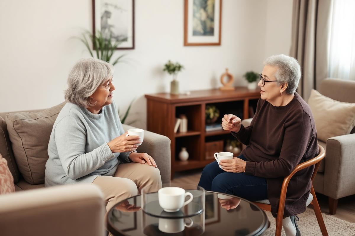 Support worker sitting and talking with an adult client over tea in a calm living room