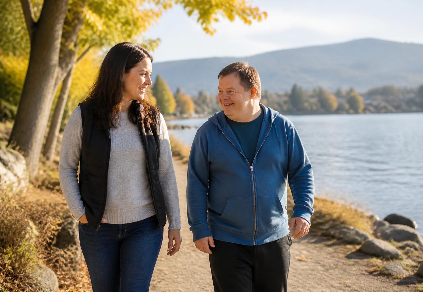 Evercare support worker walking beside a smiling adult client on a lakeside path in the Okanagan