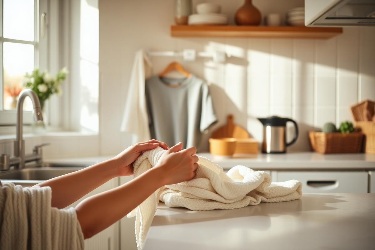 Folded laundry and a tidy, organized kitchen counter in a bright home