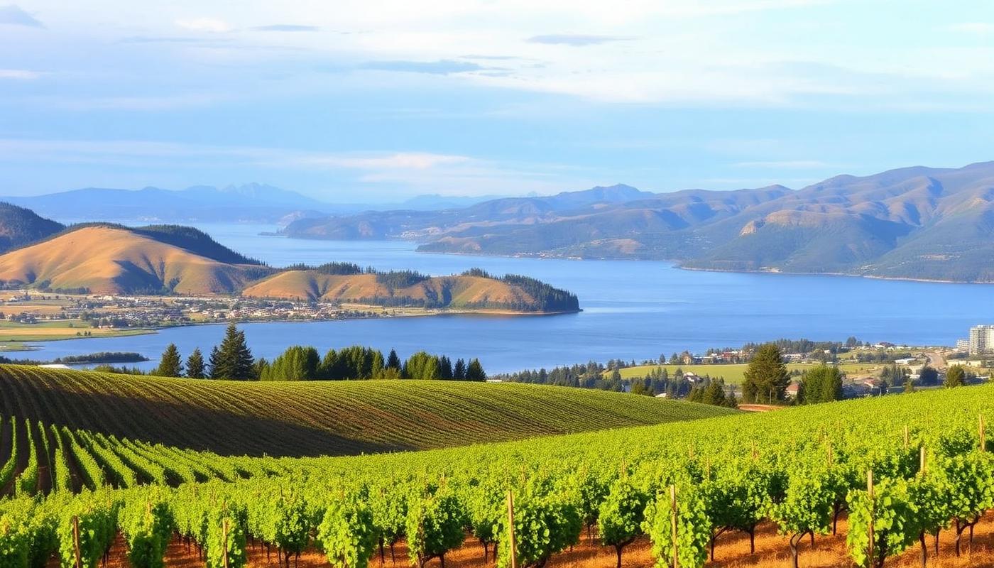 Okanagan valley with lake, vineyards and hills near Kelowna, British Columbia